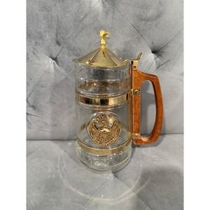 Vintage Glass Beer Stein with Eagle Emblem Gold Trim Wood‎ Handle Hinged Lid